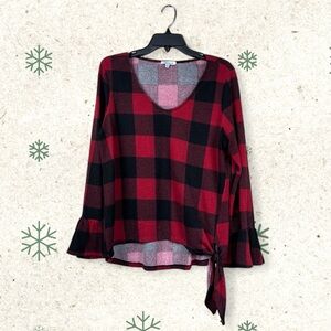 White Birch Women’s Buffalo Plaid Bell-Sleeve Side-Tie Top XL
